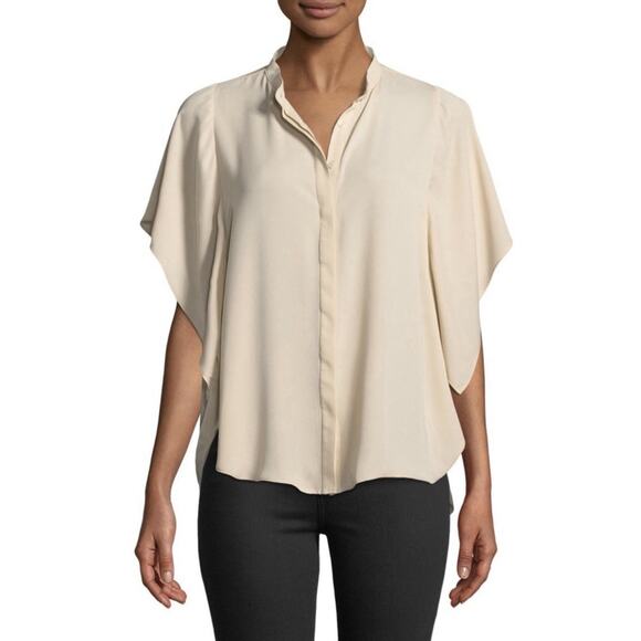 Amanda Uprichard Lori Blush Neutral Chiffon Button Down Short Sleeve Blouse - Picture 1 of 6